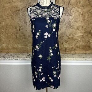 Karl Lagerfeld Sheath Dress Women's 4‎ Blue Floral Embroidered Lace Modest Mesh